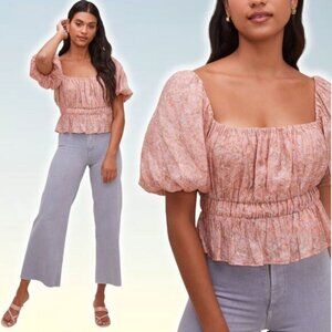 ASTR The Label Theron Bubble Sleeve Peplum Top Sz Small Pink Taupe Floral